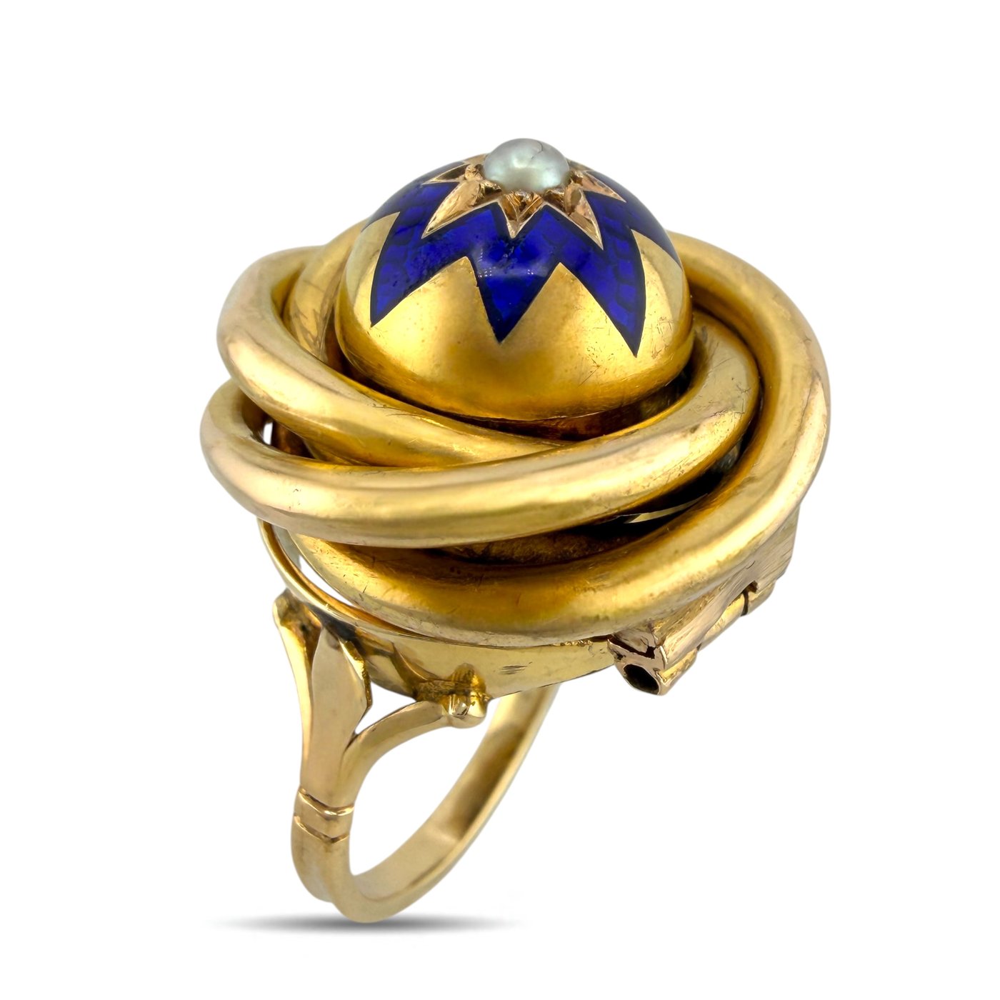 14K  Gold Blue Enamel Hidden Locket Compartment Ring