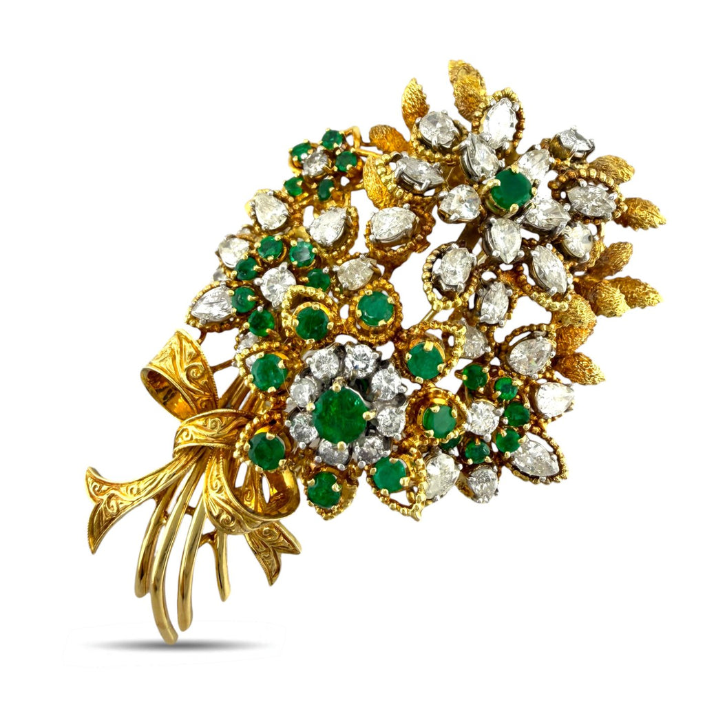18K Yellow Gold 11ct Diamond and 4ct Emerald Wheat and Sunflower Brooch