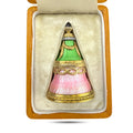 Enamel jeweled ornament in box, green and pink enamel cone with gold trim and ruby top