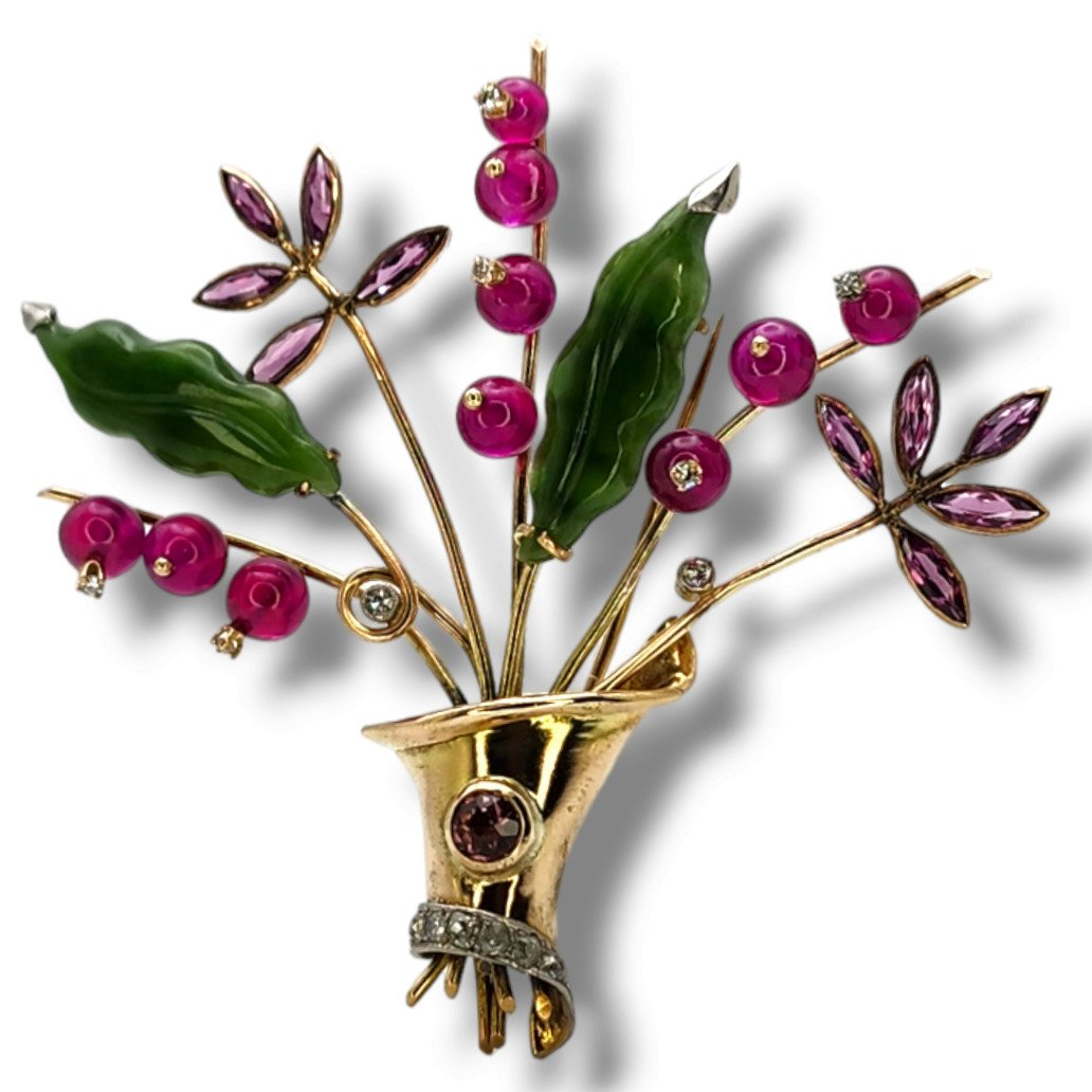 Brooch - 18 kt. Yellow gold,  18K Gold & Diamonds Brooch 19 grams  -  0.2ct. tw. Jade