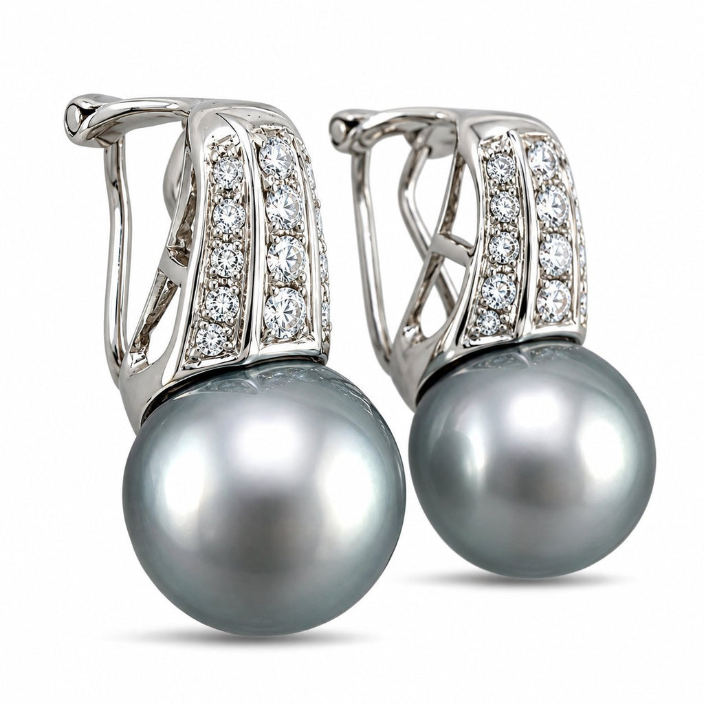 White gold clip-on earrings featuring gray Tahitian pearls and diamond-lined mounting