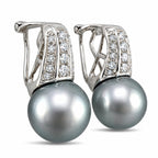 White gold clip-on earrings featuring gray Tahitian pearls and diamond-lined mounting