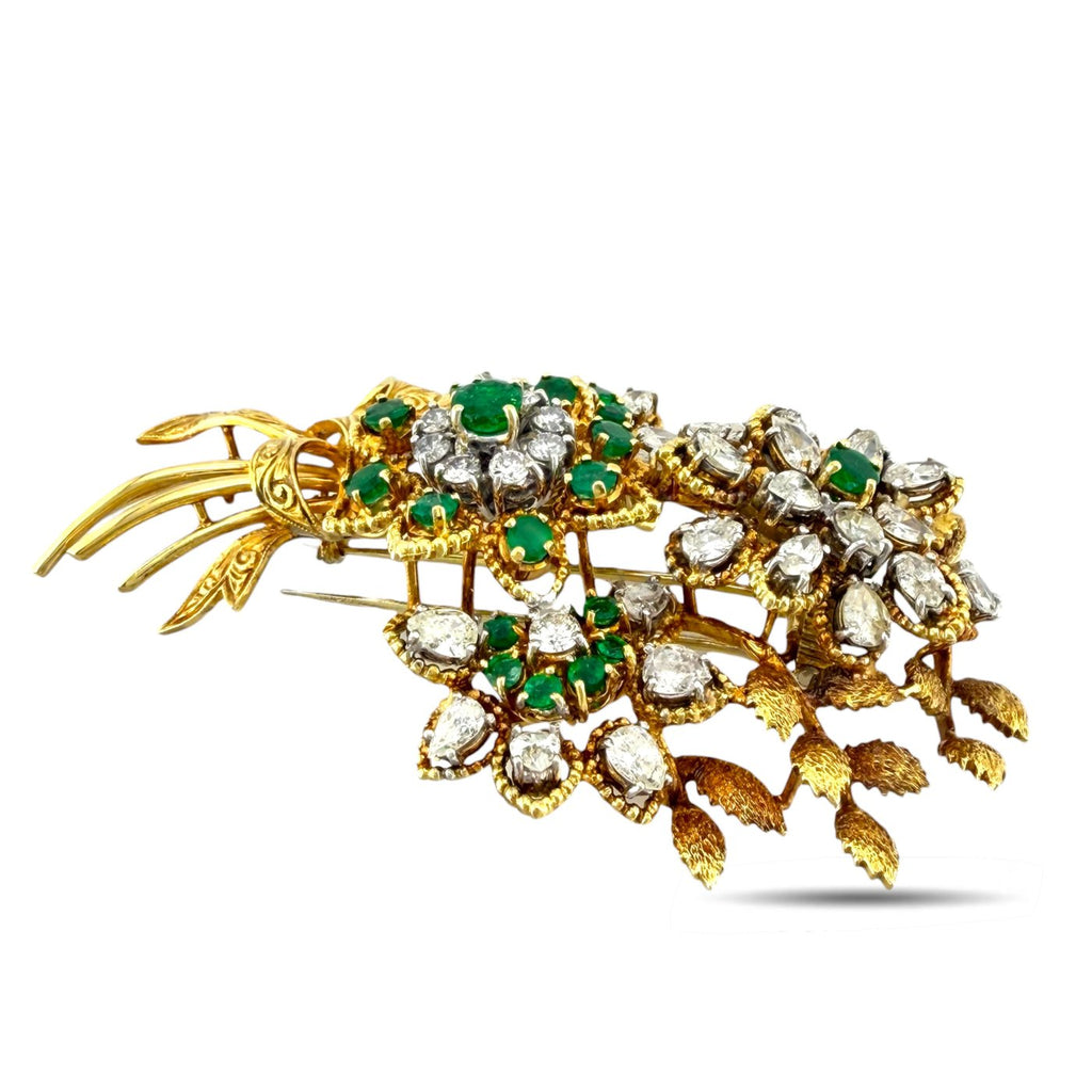 18K Yellow Gold 11ct Diamond and 4ct Emerald Wheat and Sunflower Brooch
