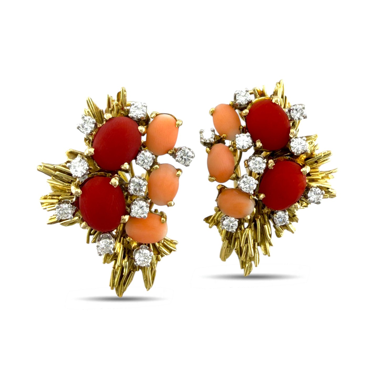 18K Yellow Gold Coral and 6.45ct Diamond Brooch and Earring Set