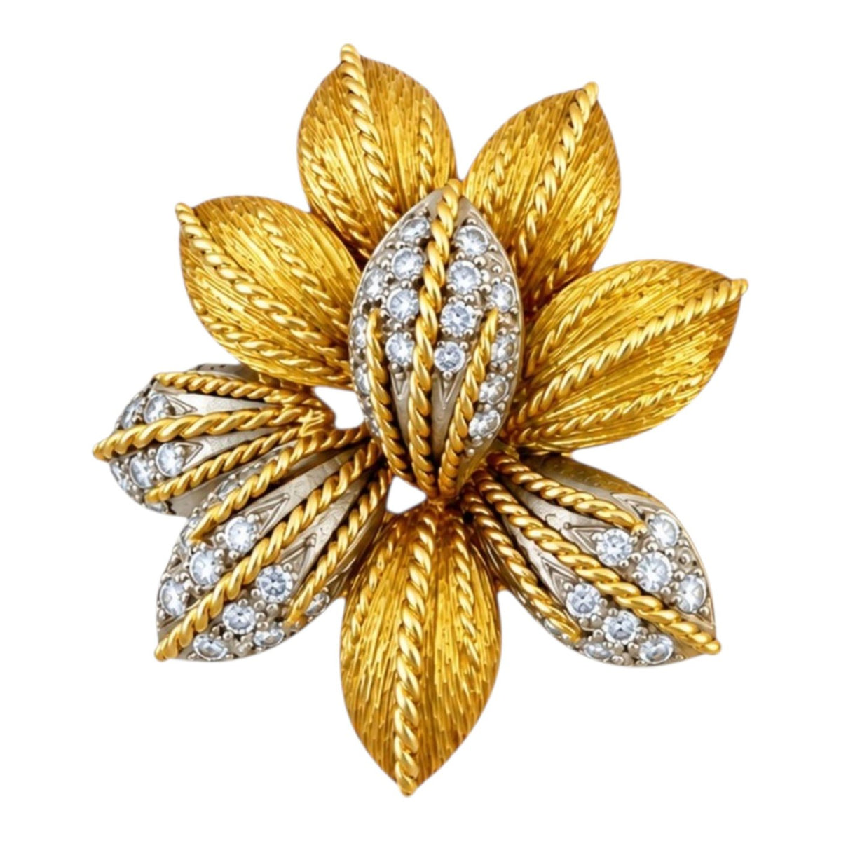 Close-up of a gold flower earring with textured petals and diamonds