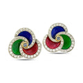 Enamel swirl earrings with blue, green, red centers and diamond halo, gold-tone setting