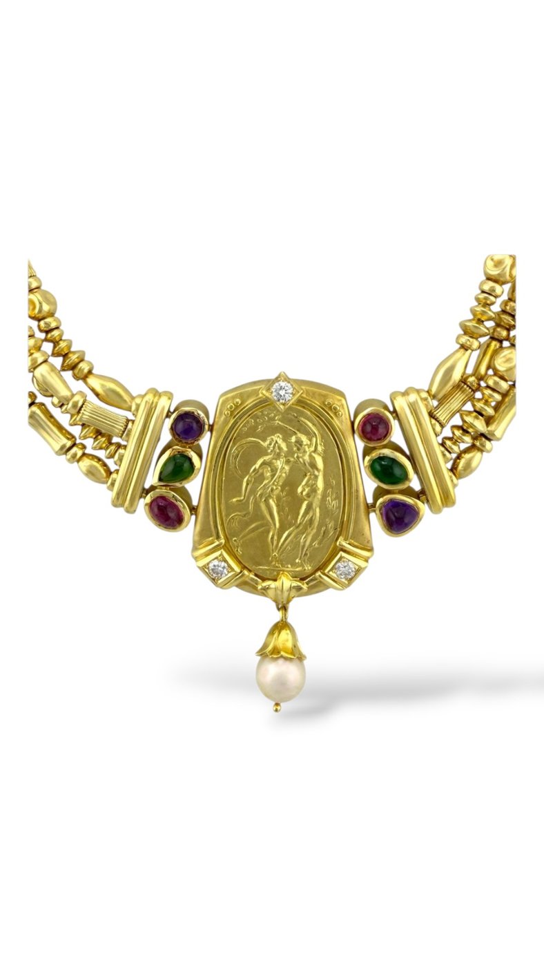 18K Yellow Gold Multi-Gemstone Sculptural Necklace