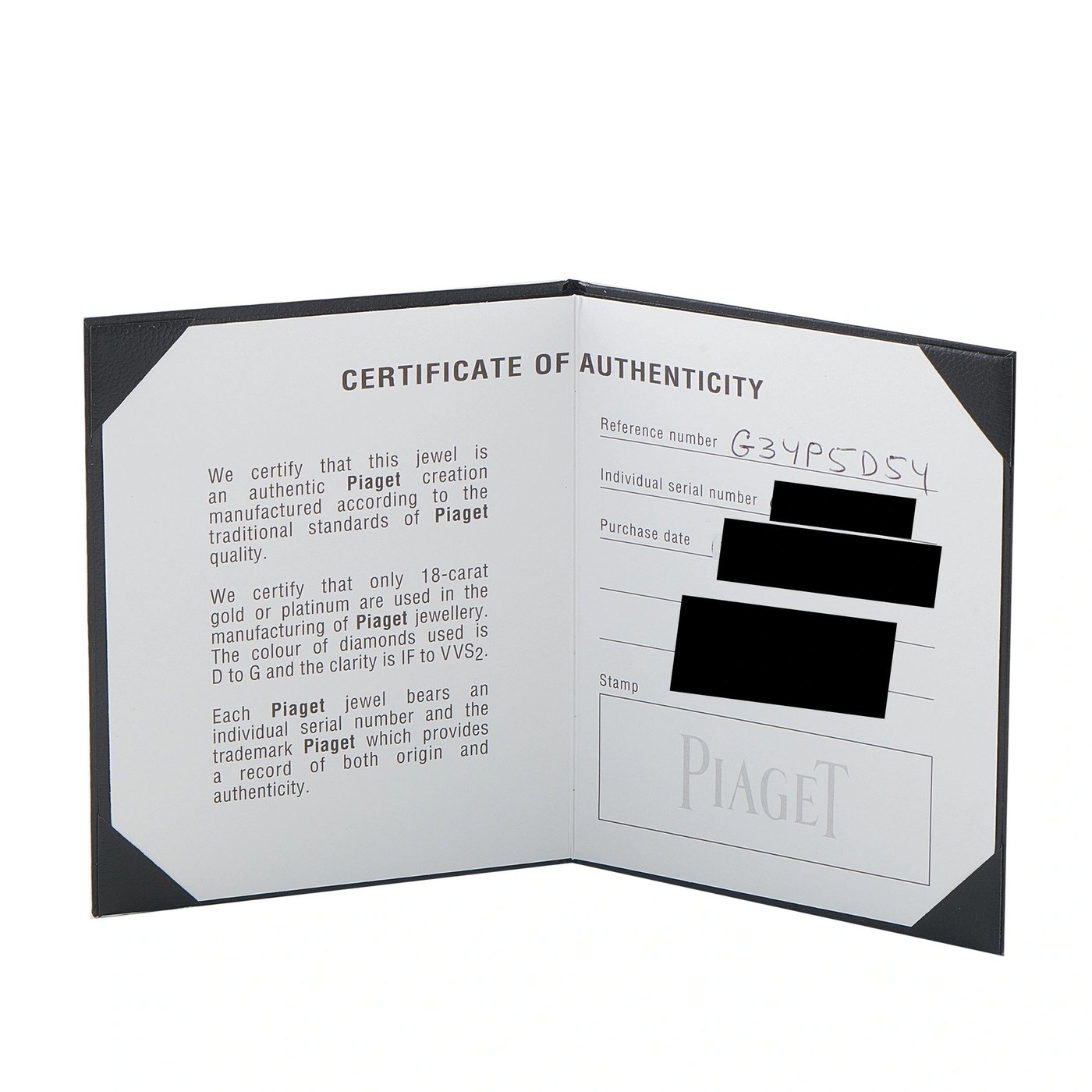 Piaget certificate of authenticity with reference and serial number