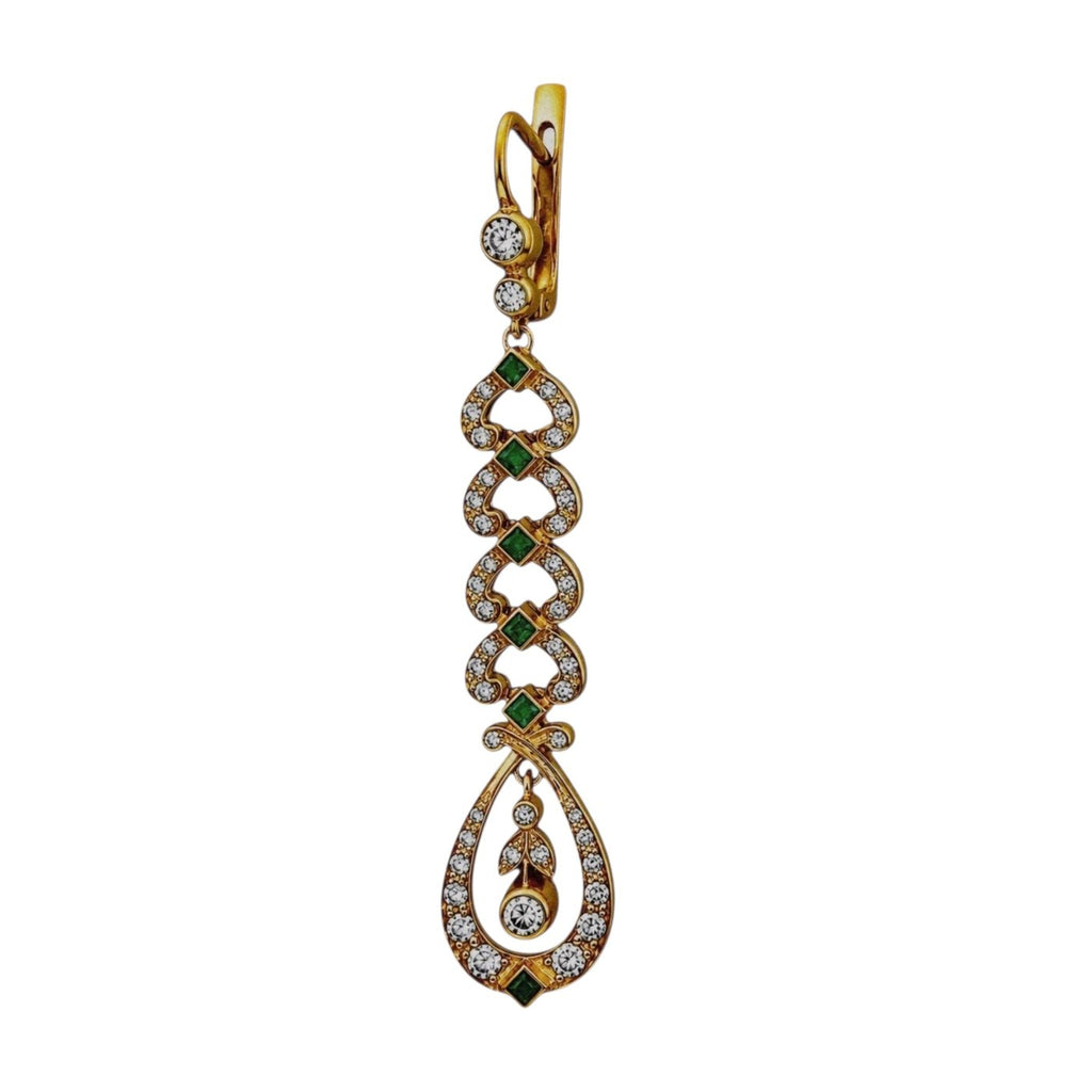 14K Rose and Yellow Gold Imperial Russian Emerald and Diamond Dangle Earrings