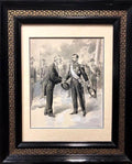 Framed portrait painting of two men in dark formal uniforms shaking hands