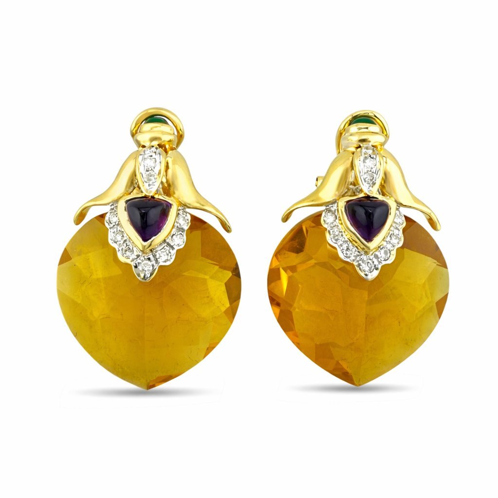 18K Yellow Gold 45.00ct Citrine, 0.20ct Diamond, Emerald, Amethyst Earrings, Yellow gold -  45.00ct. tw. Citrine - Diamond