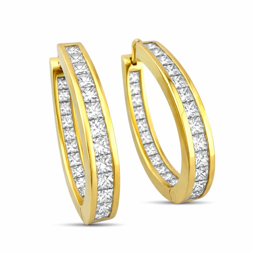 14K Yellow Gold Princess Cut 2ct Diamond Hoop Earrings