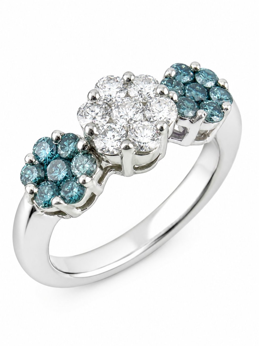 18K White Gold Ring with Diamonds and Teal Sapphires Diamond
