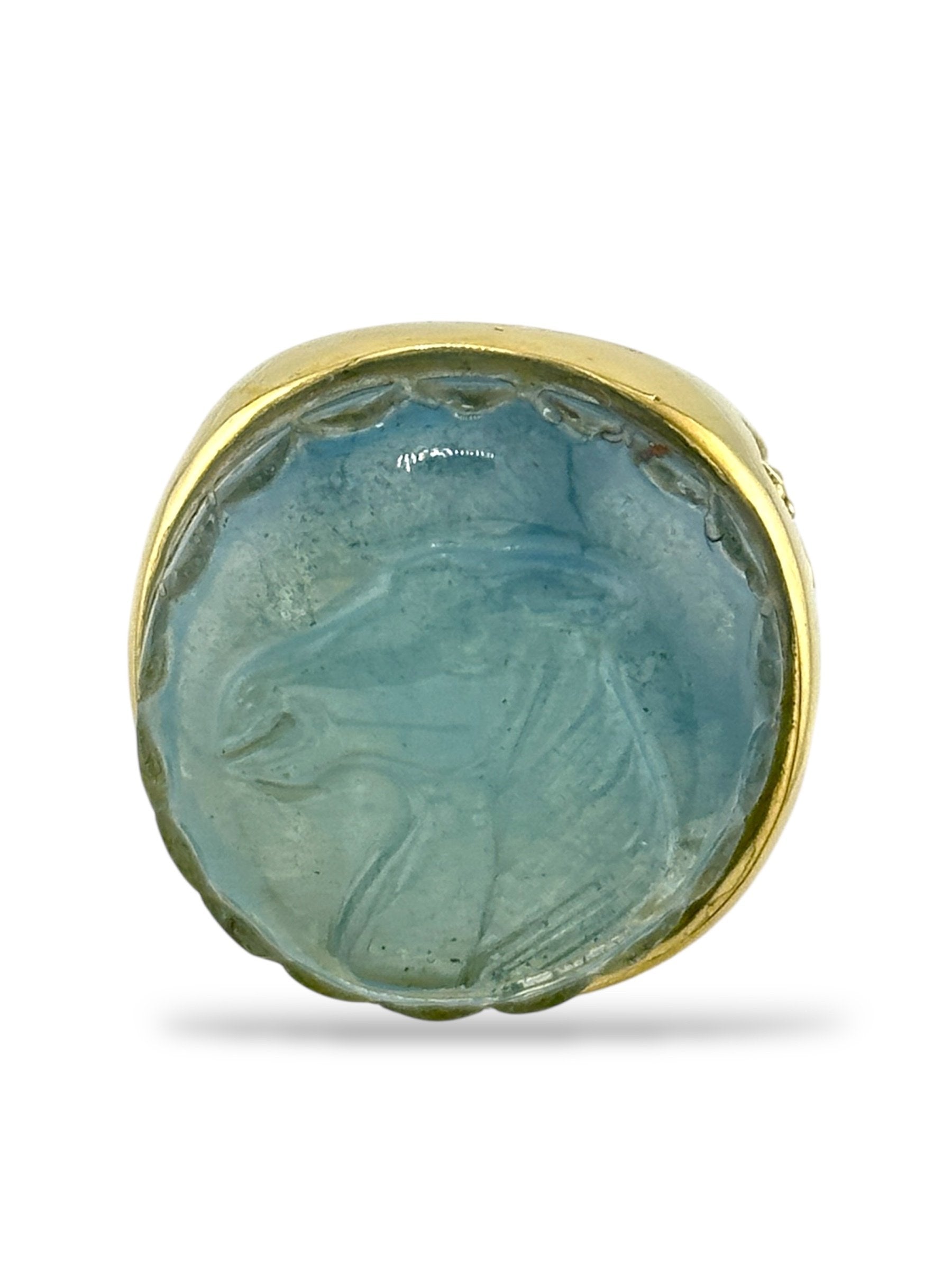 18K Gold Ring with Large Light Blue Horse Engraved Aquamarine