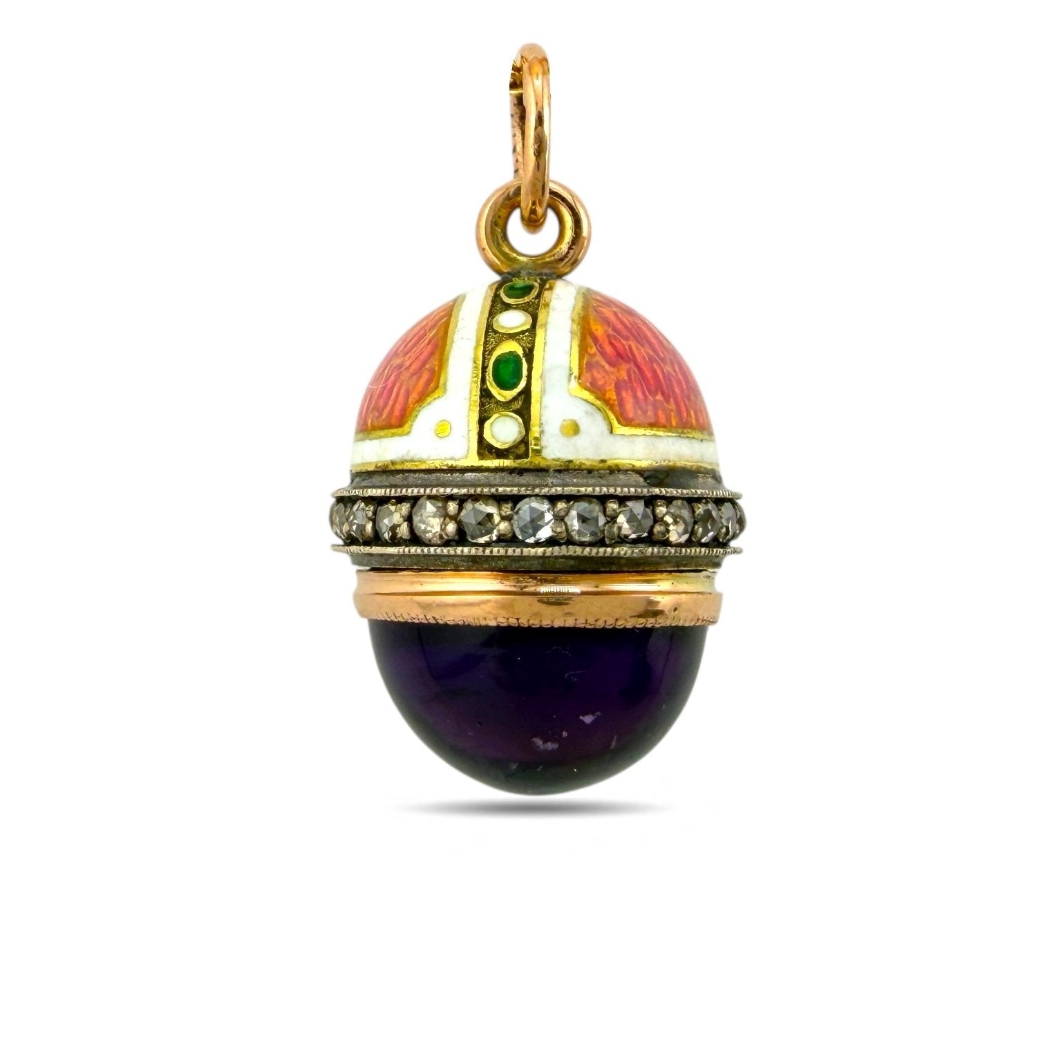 14 kt. Yellow gold, Imperial Russian Faberge Jewelled 56K Gold and Enamel Egg Pendant Henrik Wigström