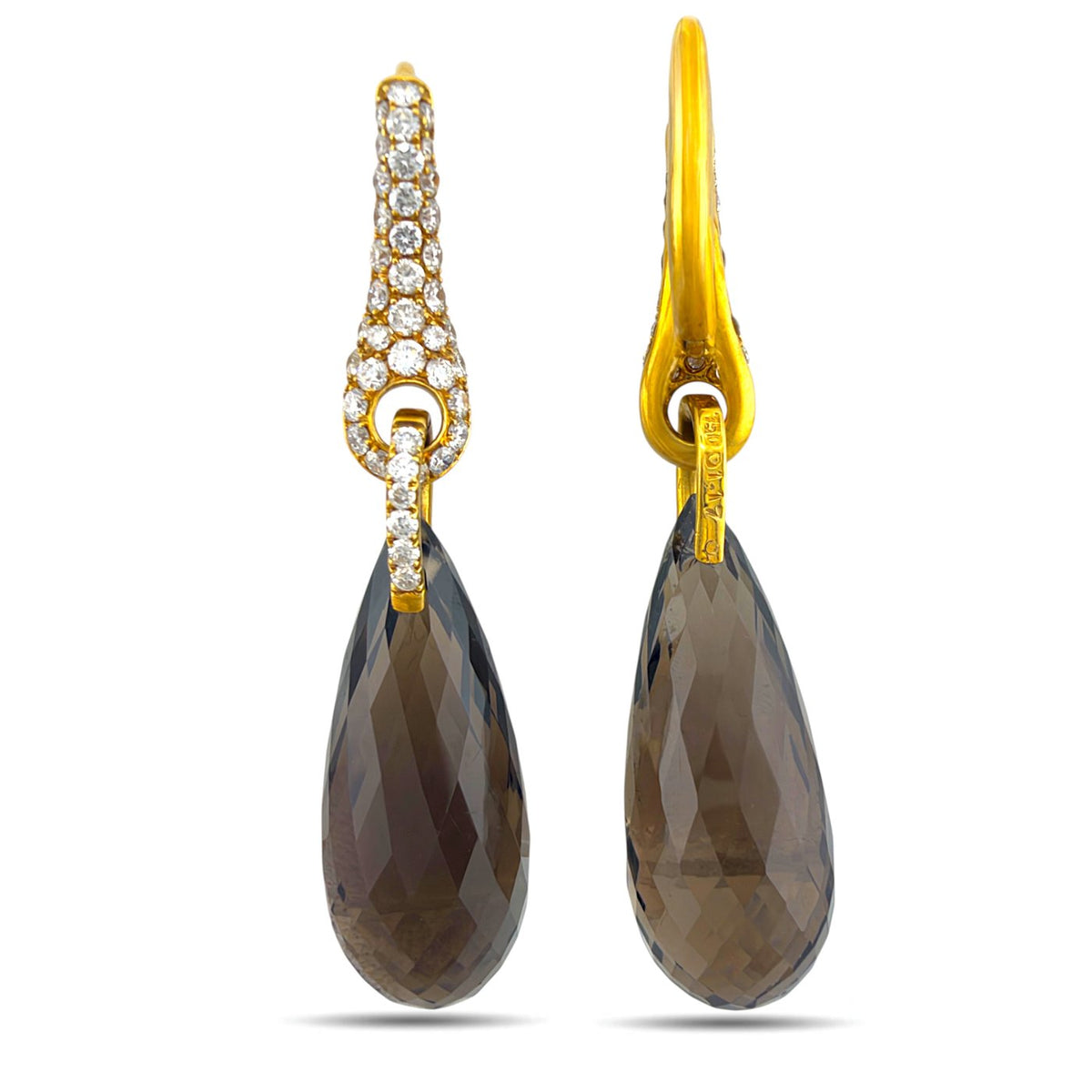 Smoky quartz teardrop earrings shown from the front and side, with diamond-set gold tops
