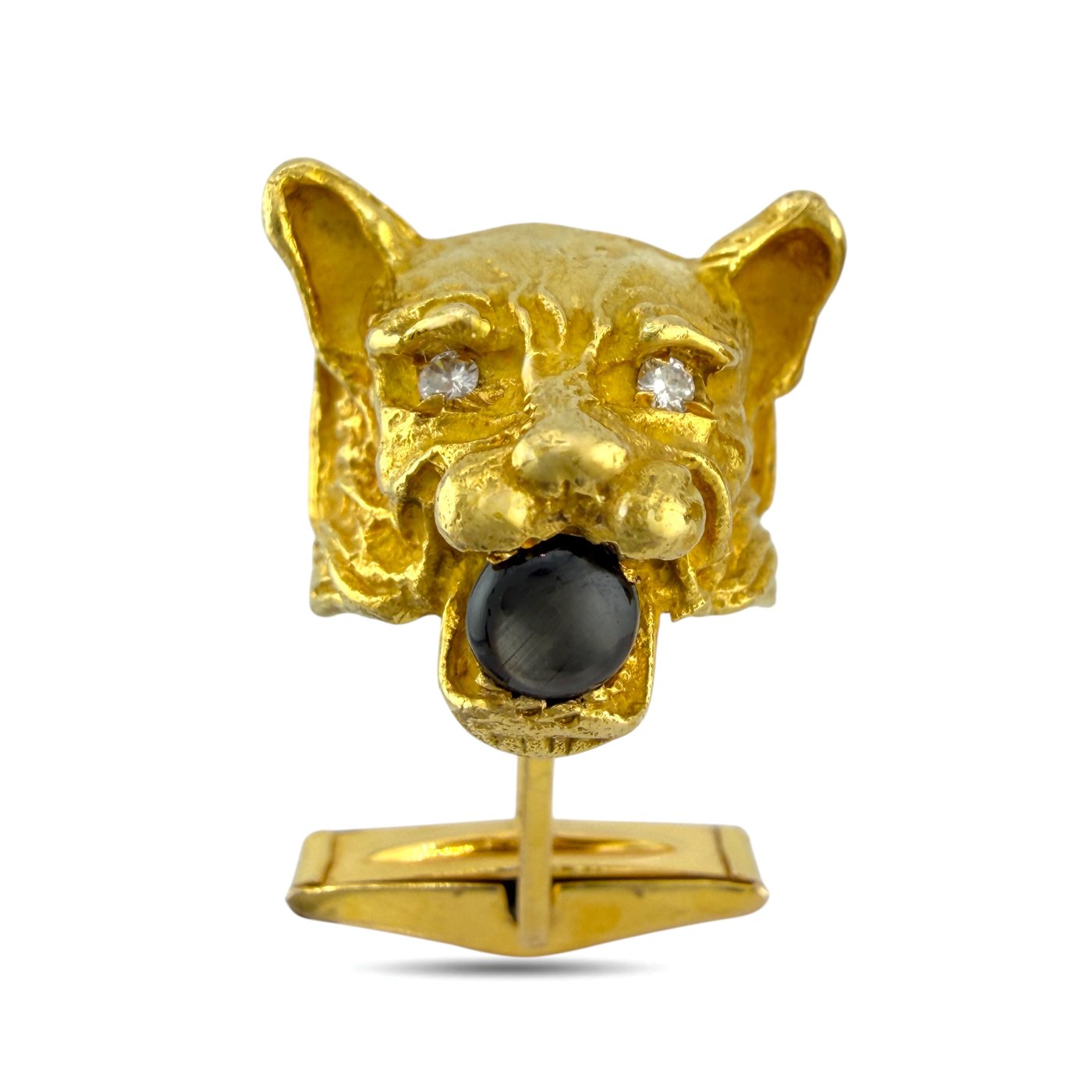 Single gold panther cufflink with dark round smoky stone and small diamond details