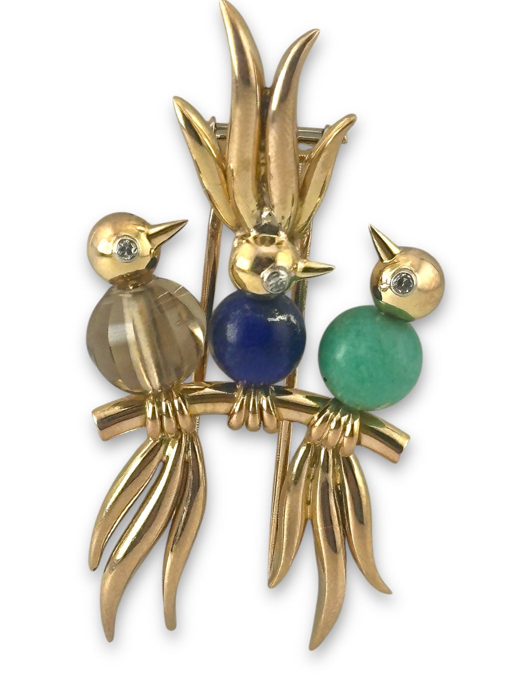 Trio of Birds Diamond-Eyed Brooch in 14K Gold
