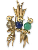 Trio of Birds Diamond-Eyed Brooch in 14K Gold