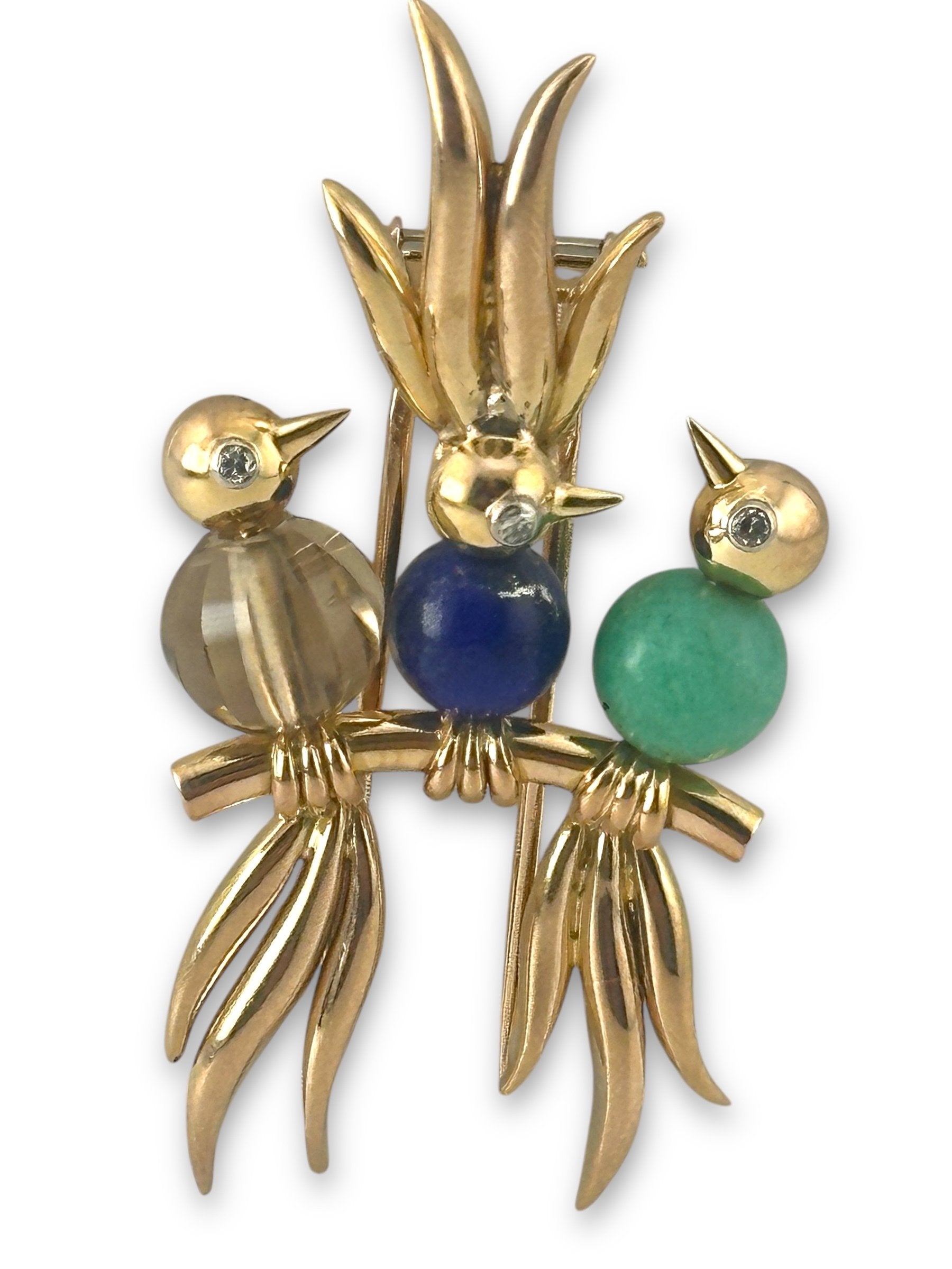 Trio of Birds Diamond-Eyed Brooch in 14K Gold