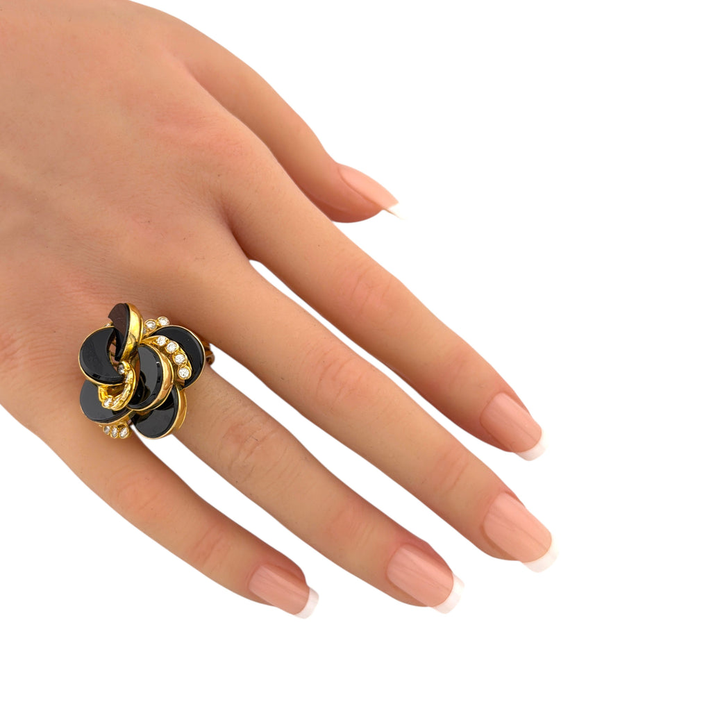 18K Yellow Gold Onyx and 0.67ct Diamond Twisting Cocktail Ring
