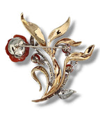 Rare 14K Gold and Diamond Rose Flower Brooch