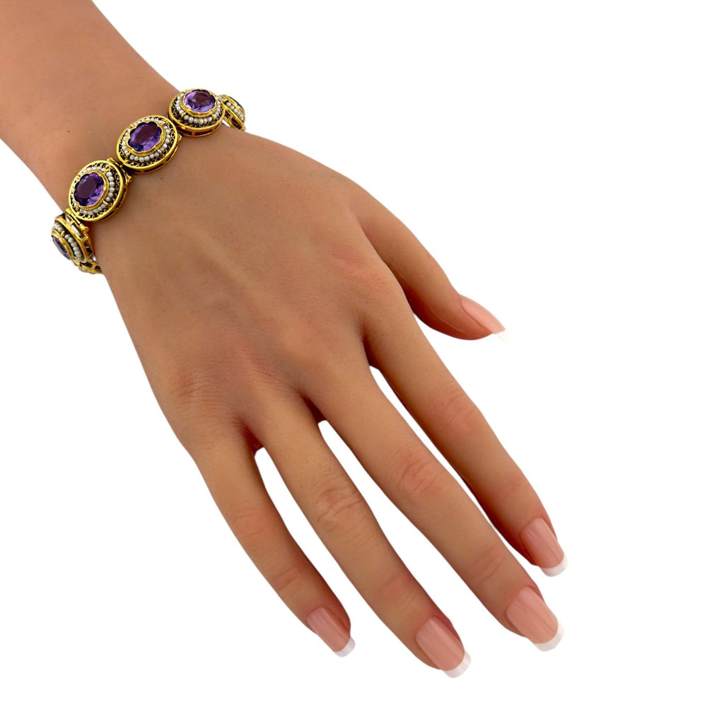 Antique 14K Yellow Gold Amethyst and Pearl Link Bracelet