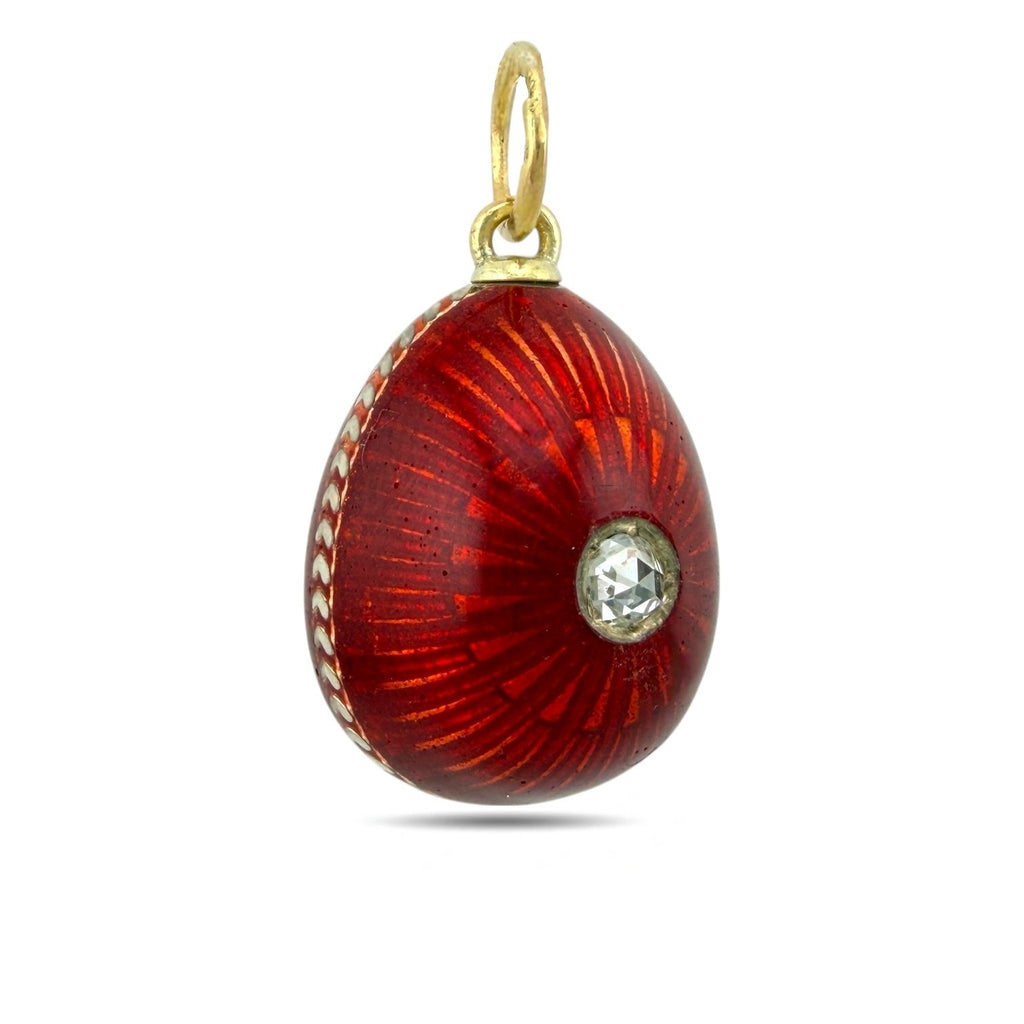 Antique Russian Faberge 56K Yellow Gold Red and White Enamel 0.2ct Diamond Egg Pendant