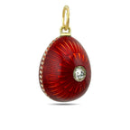 Antique Russian Faberge 56K Yellow Gold Red and White Enamel 0.2ct Diamond Egg Pendant