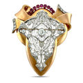 Art deco brooch/pendant with rose gold frame, ruby row, and diamond-accent lattice
