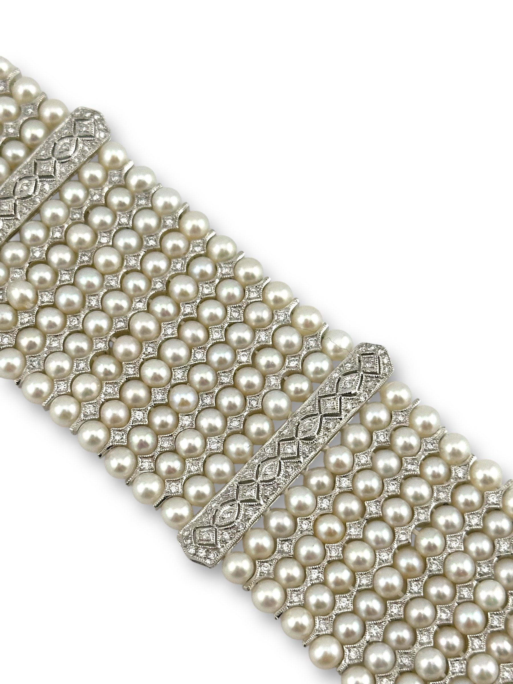 18 kt. White gold,  18K White Gold Diamond & Pearl Bracelet  -  2.97ct. tw. Diamond (Natural)