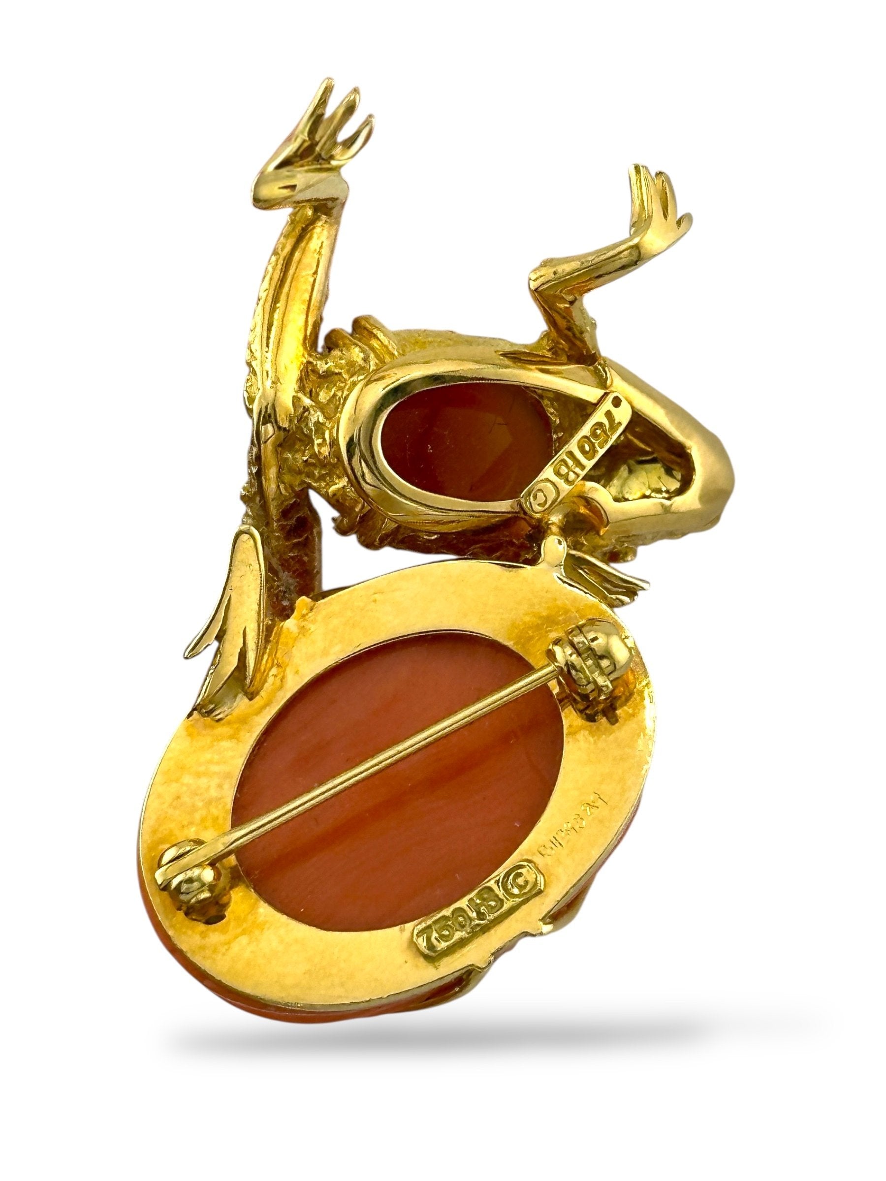 Hammerman Brothers Vintage 18K Yellow Gold Frog Brooch with Large Coral and Burnt Sienna Stone