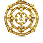 18K yellow gold circular brooch with round diamonds, openwork center, scalloped frame
