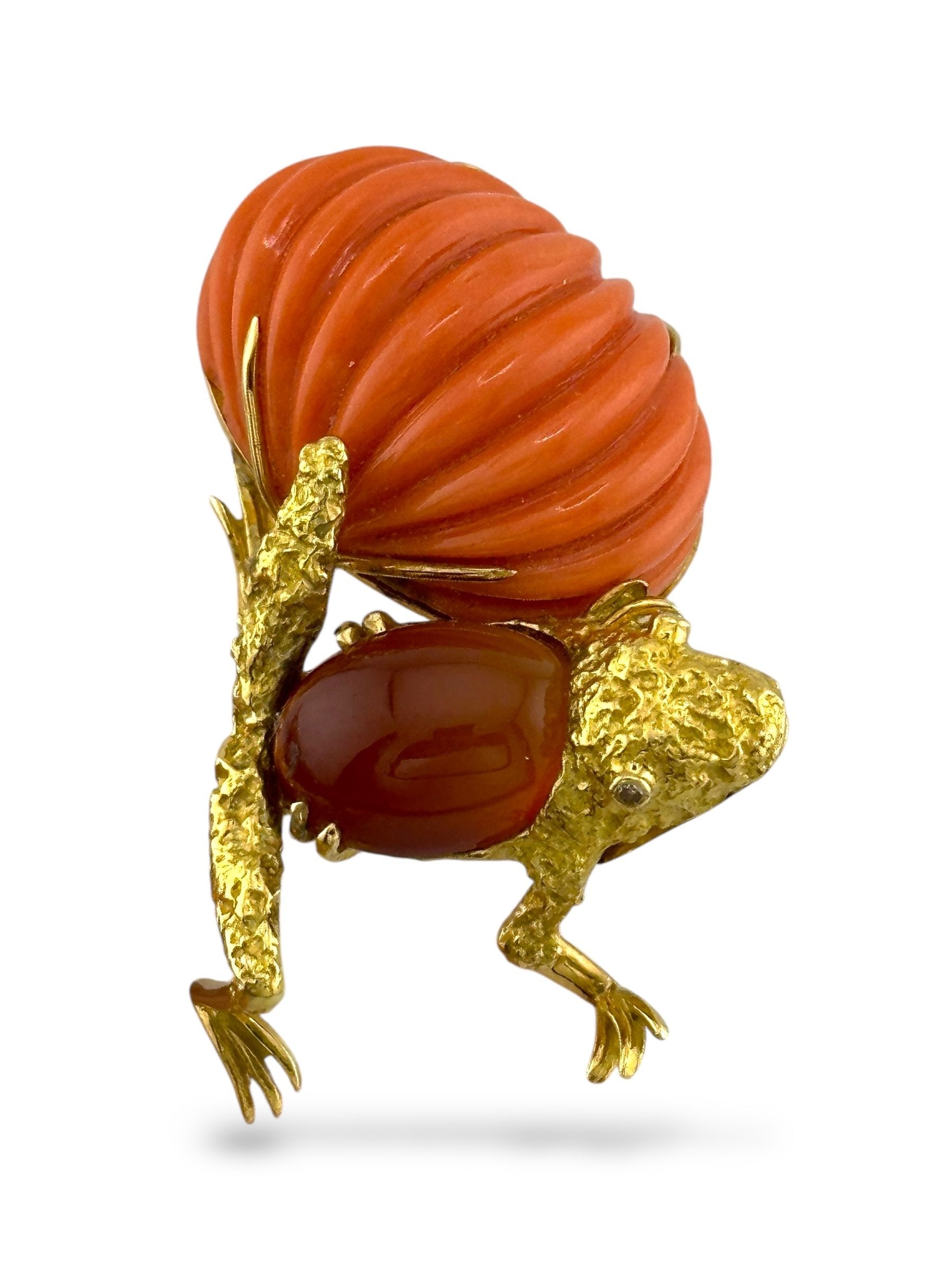 Brooch - 18 kt. Yellow gold, Hammerman Brothers 18K Yellow Gold Frog Brooch with Large Coral