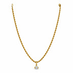 Gold rope necklace with round diamond pendant at the center