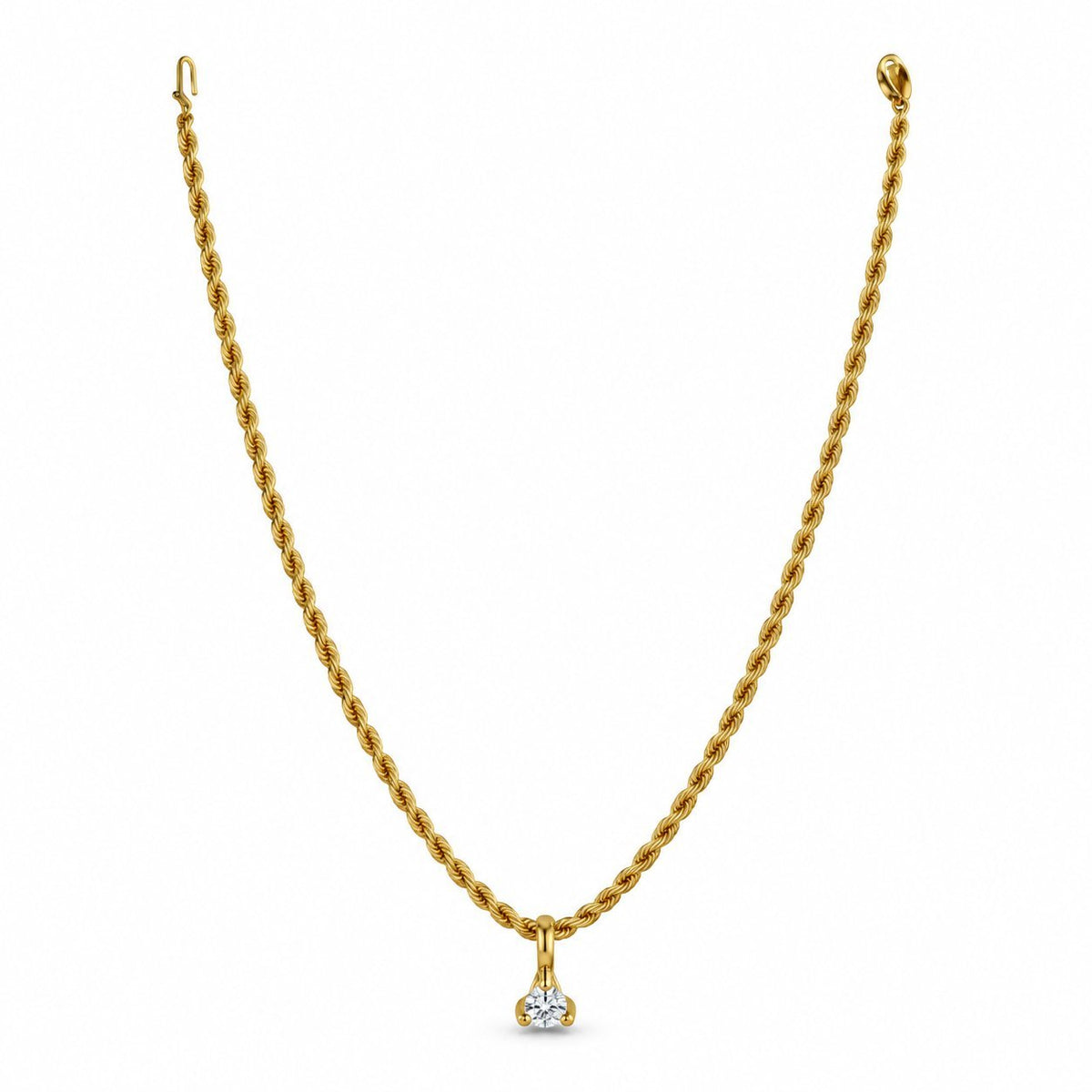 Gold rope necklace with round diamond pendant at the center