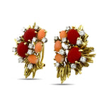18K Yellow Gold Coral and 6.45ct Diamond Brooch and Earring Set