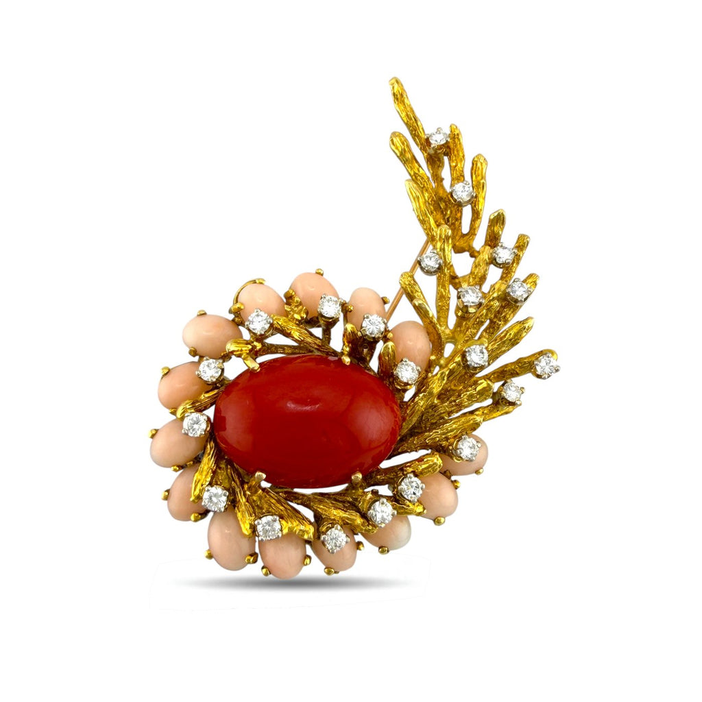 18K Yellow Gold Coral and 6.45ct Diamond Brooch and Earring Set