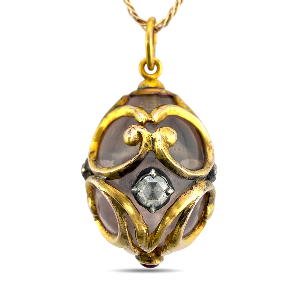 Faberge Imperial Russian 56K (14K) Yellow Gold and Diamond Egg Pendant