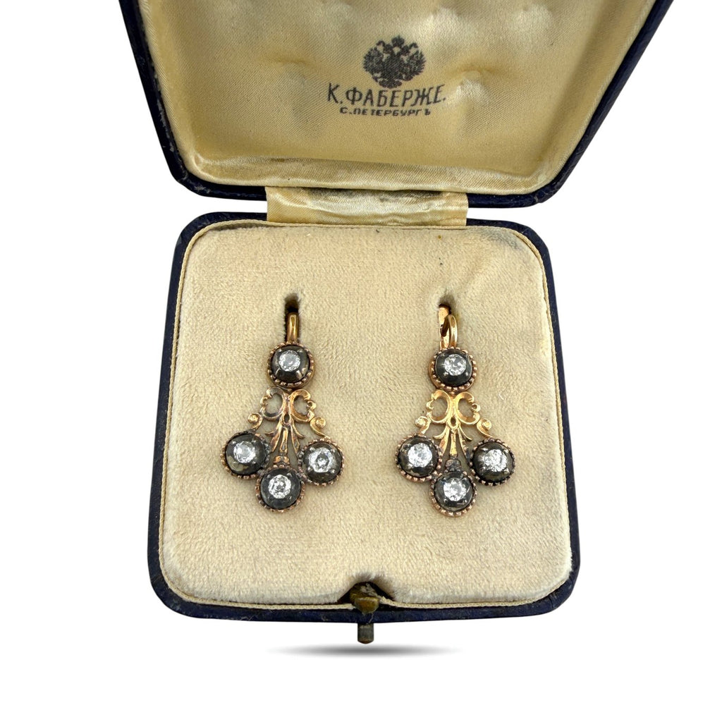 K. Faberge Imperial Russian 14K (56K) Rose Gold 1.36ct Diamond Earrings
