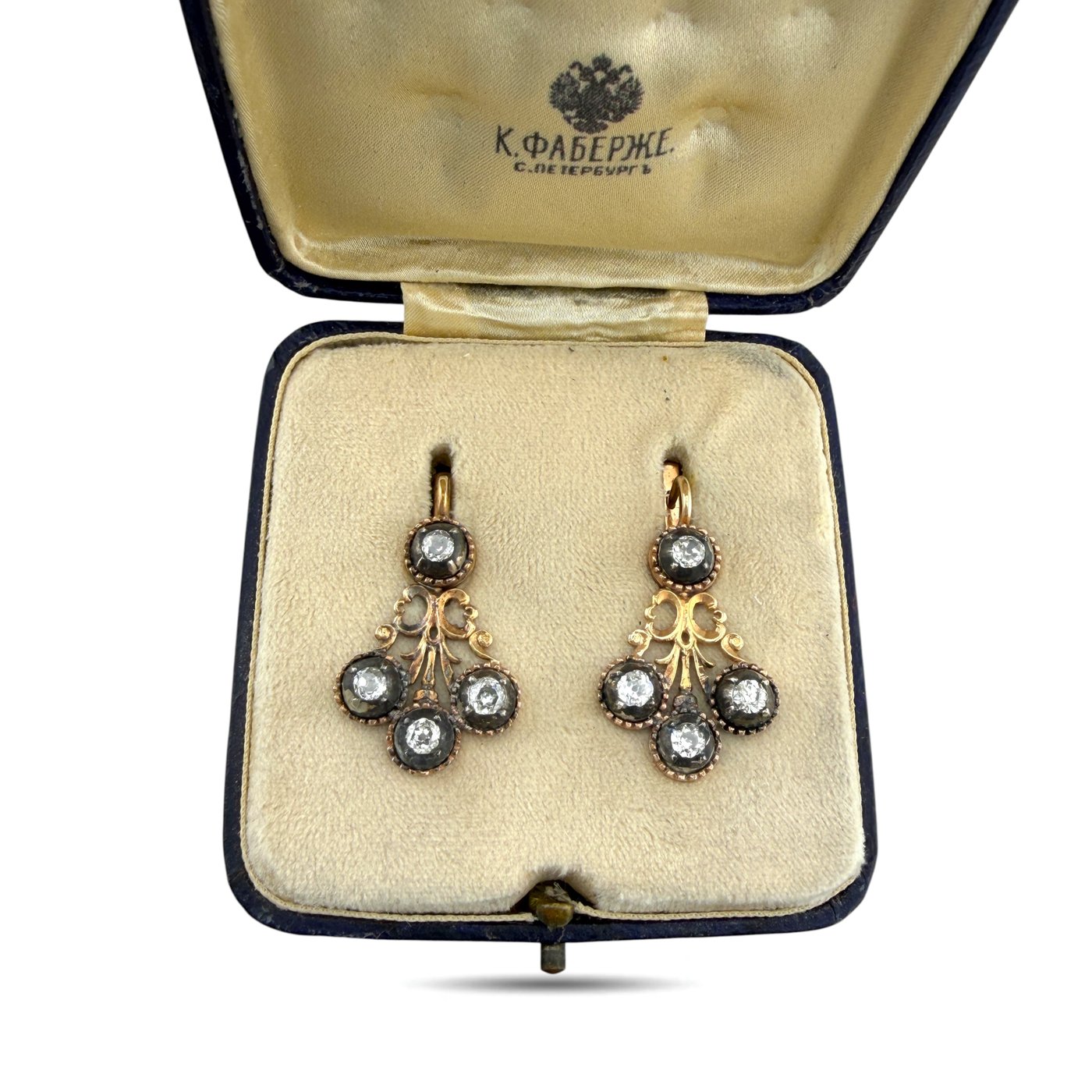 K. Faberge Imperial Russian 14K (56K) Rose Gold 1.36ct Diamond Earrings