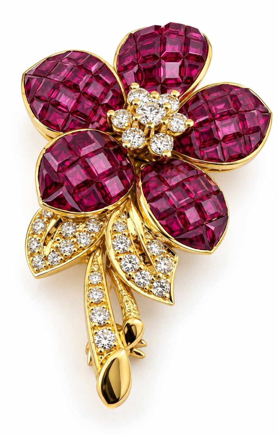 18K Yellow Gold 4.75ct Invisible-Set Ruby & 0.45ct Diamond Flower Brooch - 5.20ct. tw. Ruby - Diamond
