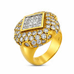 Diamond ring angled to show the square center and round diamonds across the setting