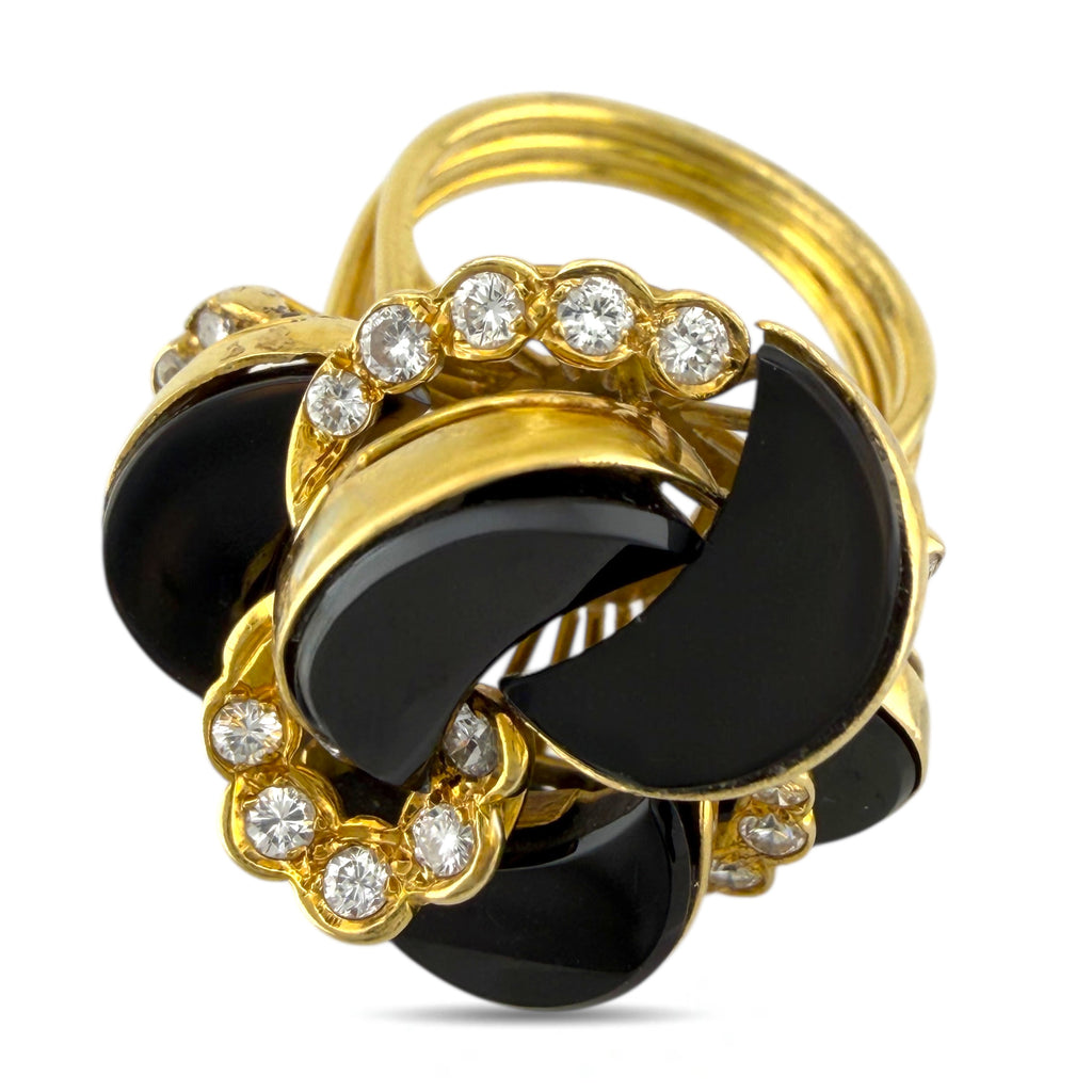 18K Yellow Gold Onyx and 0.67ct Diamond Twisting Cocktail Ring