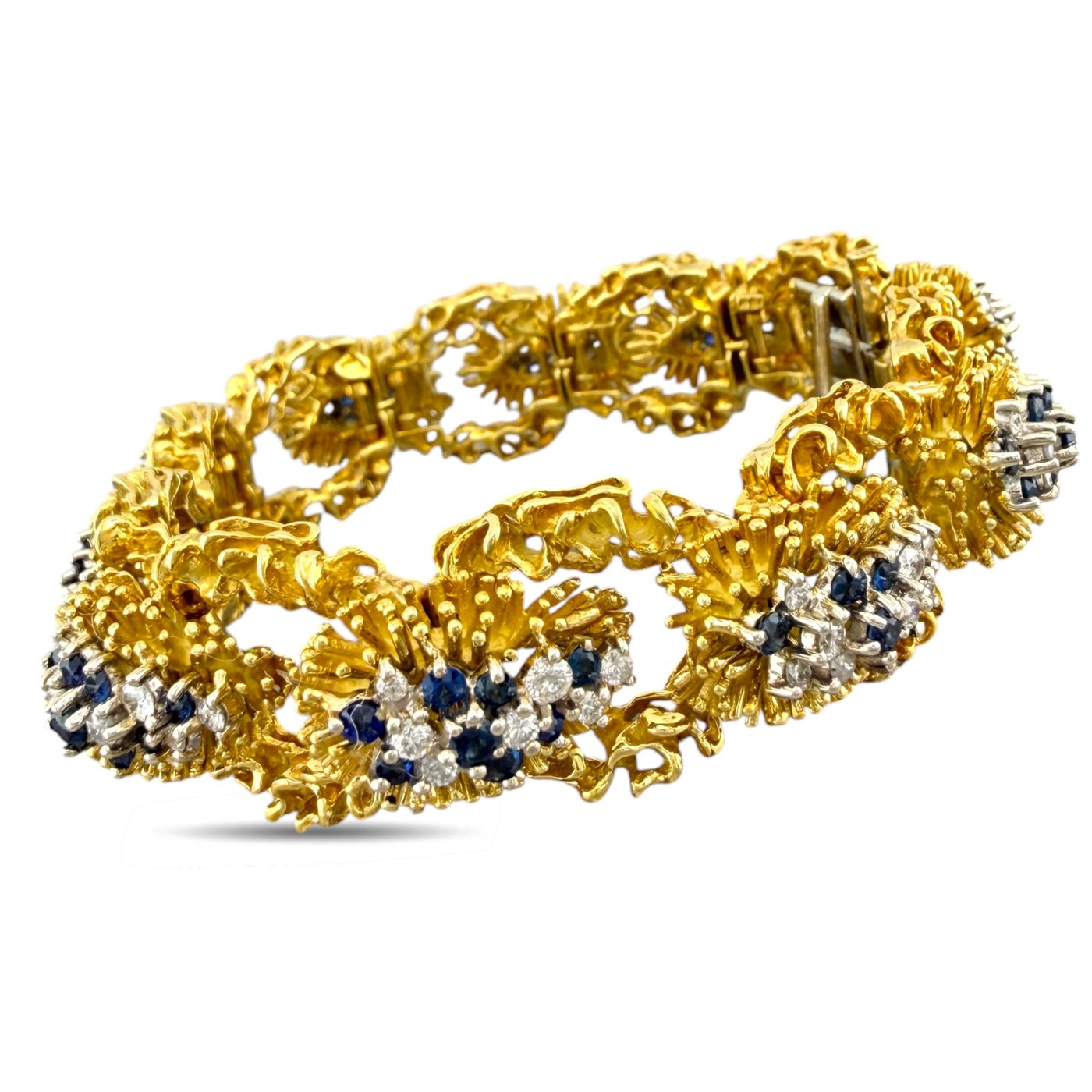 18K Yellow Gold Woven Textured 4.5ct Diamond and 3ct Sapphire Bracelet