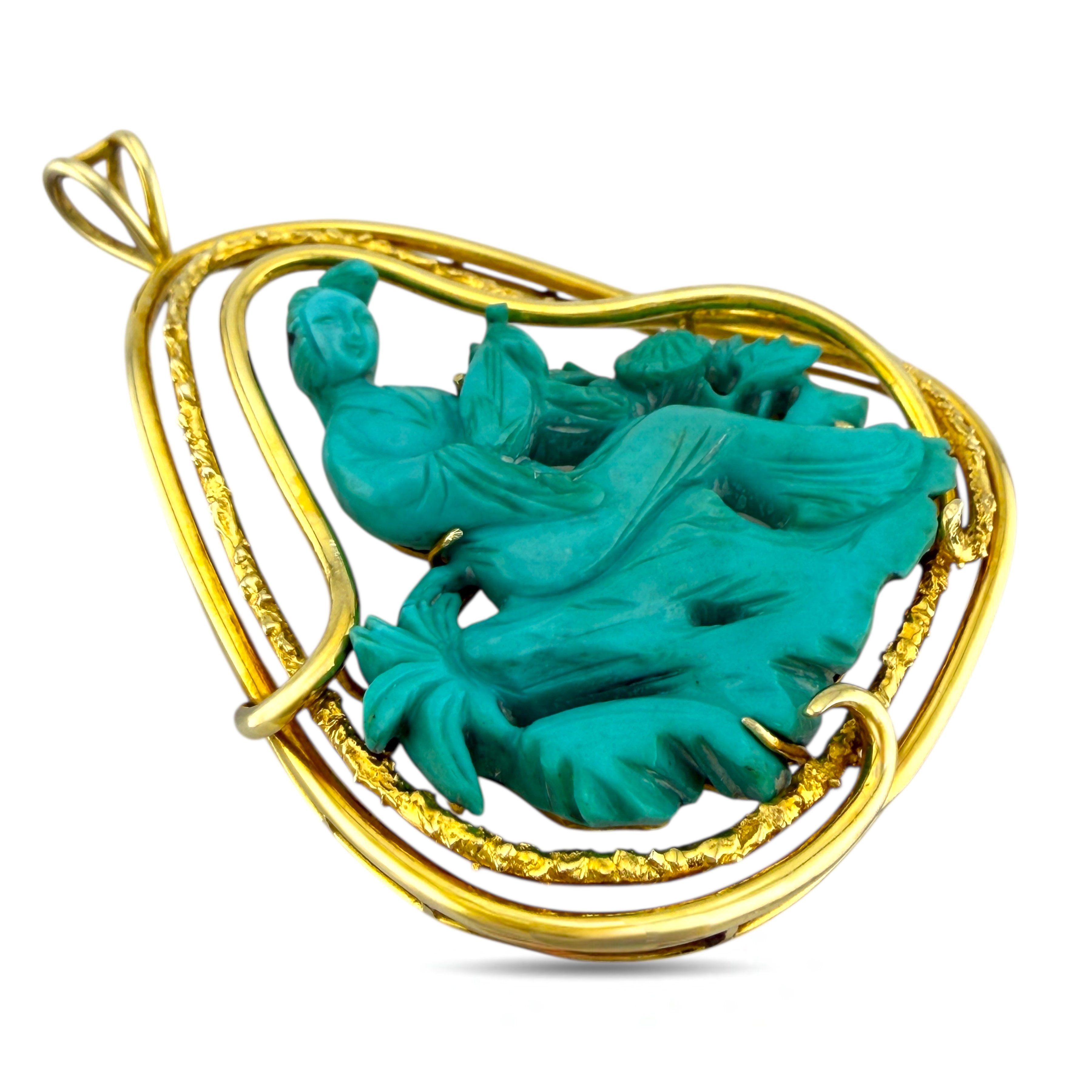 Chinese 14K Yellow Gold Turquoise Carved Asian Woman Pendant