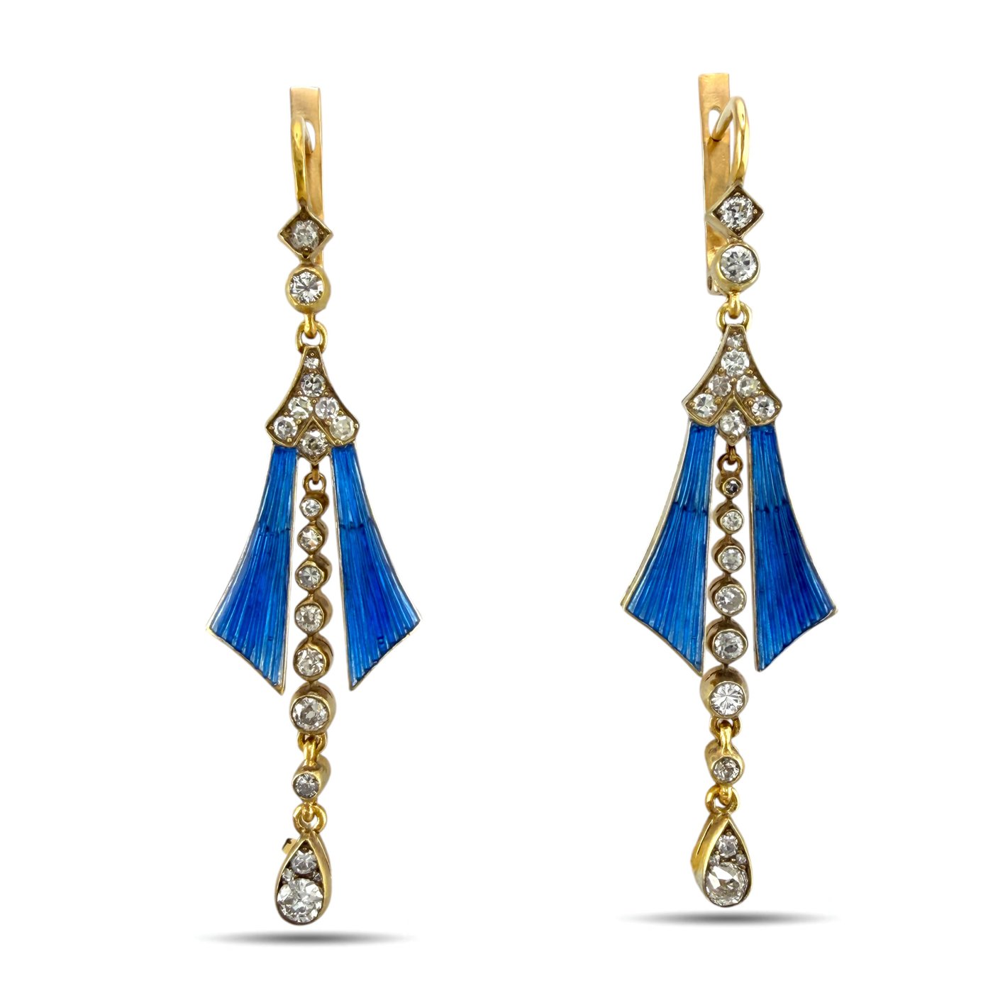 Imperial Russian 56 Gold Blue Enamel and 2.0ct Diamond Earrings