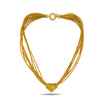 Yellow gold woven necklace with braided strands and heart-shaped knot at center