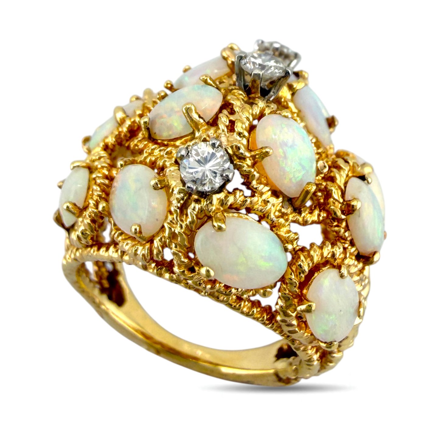 14K Yellow Gold Textured 2.10ct Opal and 0.30ct Diamond Ring
