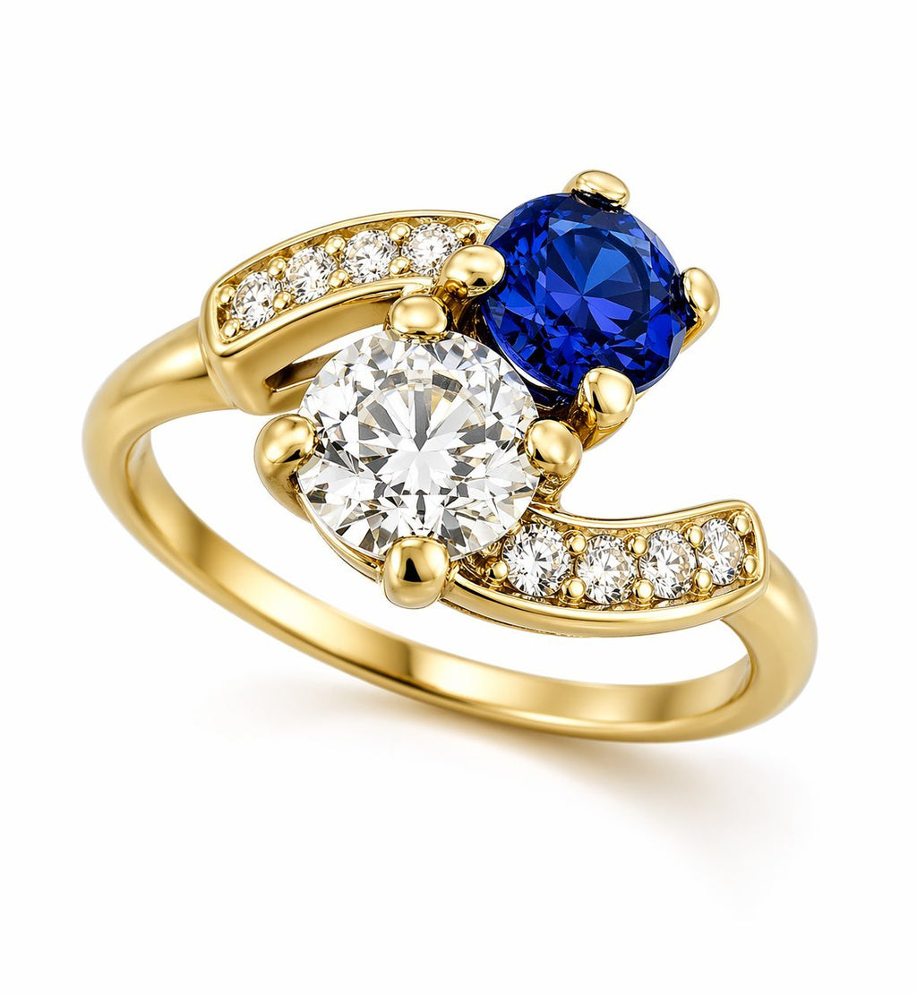18K Yellow Gold 0.65ct Sapphire and 0.7ct Diamond Bypass Ring
